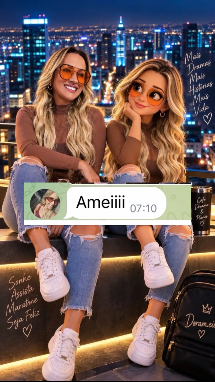 Aluna ao lado da sua personagem 3D em cenário noturno de cidade, com a mensagem “Ameiii”