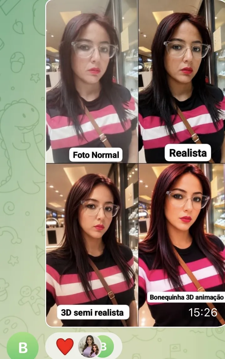 Comparação entre foto normal, versão realista, 3D semirrealista e bonequinha 3D animação