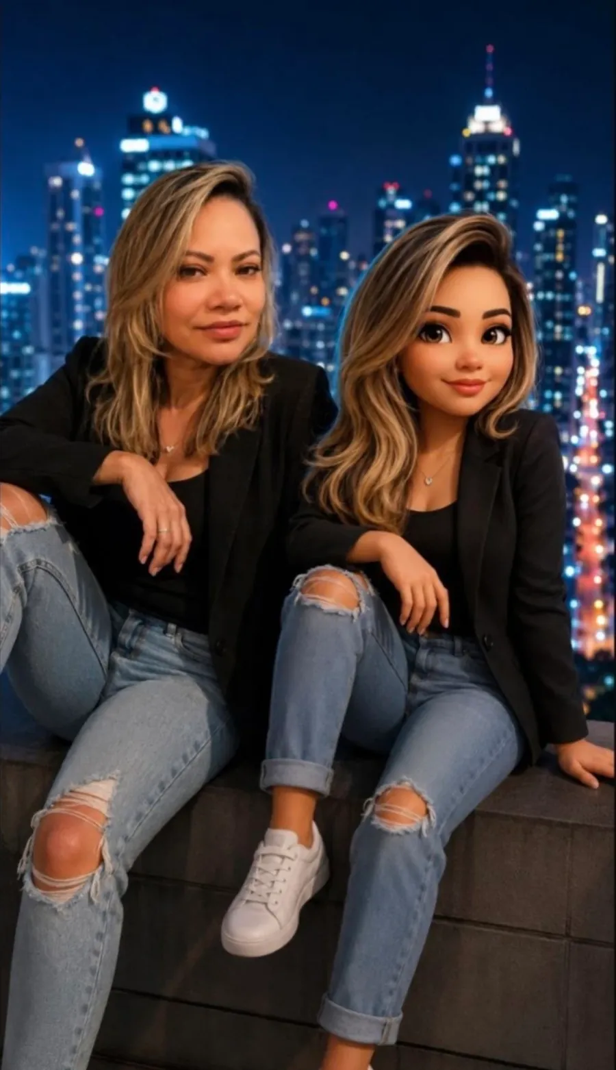 Aluna ao lado da sua personagem 3D com blazer preto e vista da cidade à noite