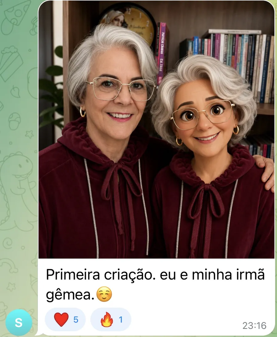 Aluna e sua versão personagem lado a lado: “Primeira criação. eu e minha irmã gêmea”