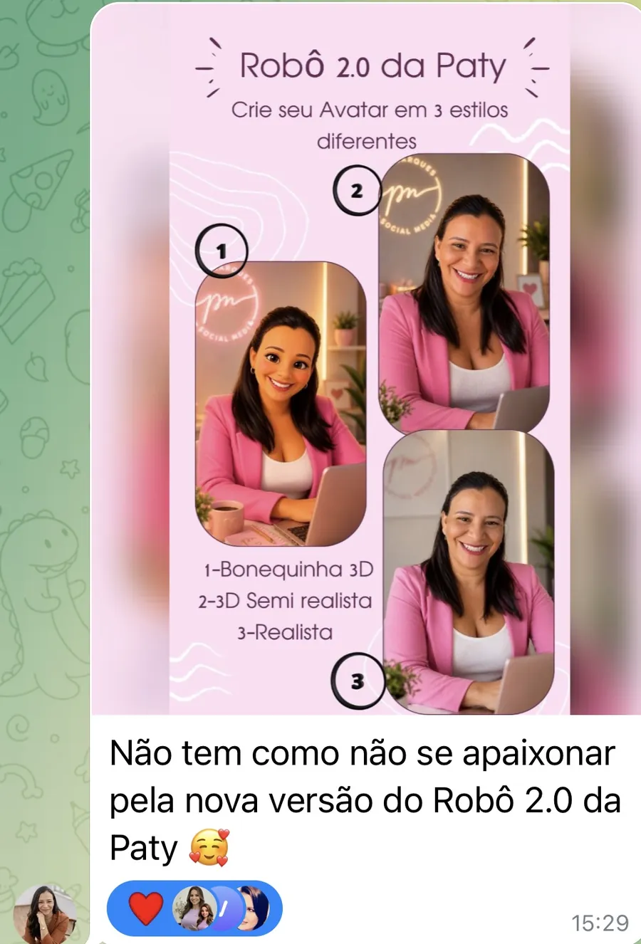 Avatar em 3 estilos diferentes: bonequinha 3D, 3D semirrealista e realista