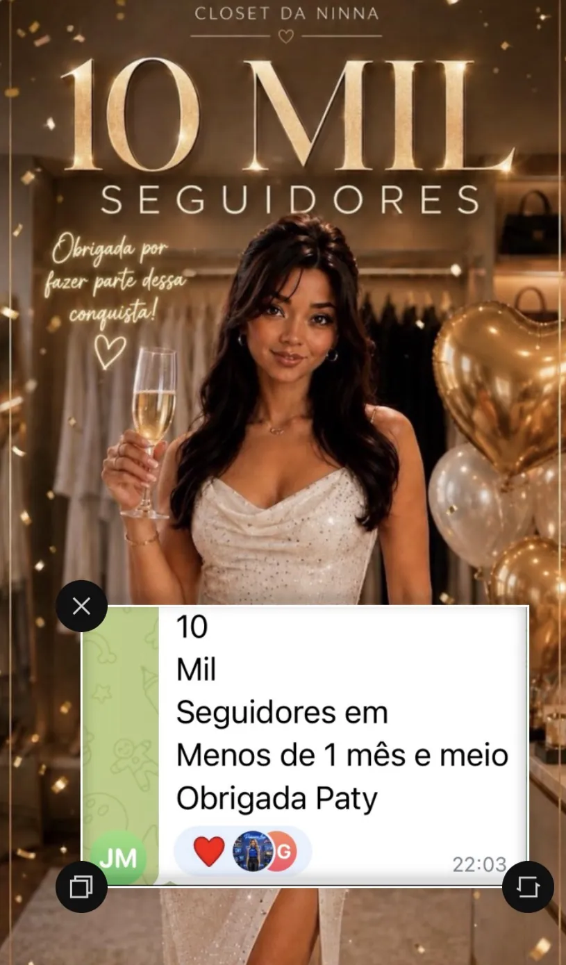 Aluna do perfil Closet da Ninna celebrando 10 mil seguidores em menos de um mês e meio: 'Obrigada Paty'